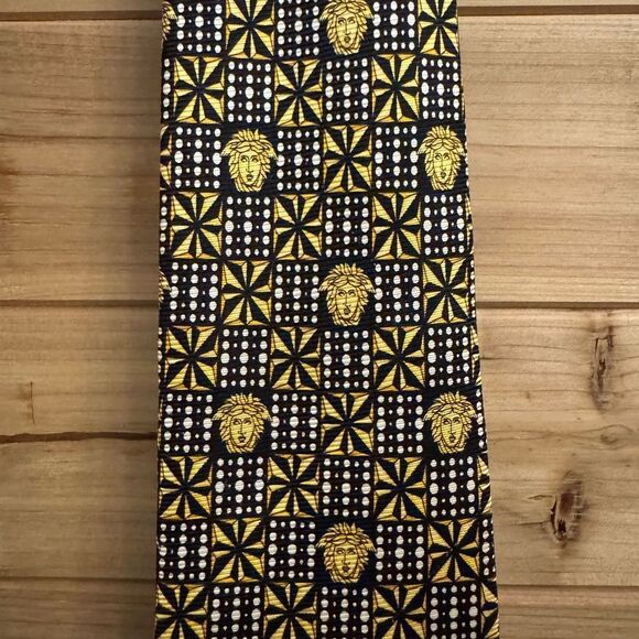 Vintage 90’s Gianni Versace Neiman Marcus Medusa Checker Silk Black Gold Tie - Picture 4 of 10